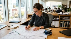 Architecte examinant des plans de maîtrise d’œuvre sur un bureau, tasse de café.
