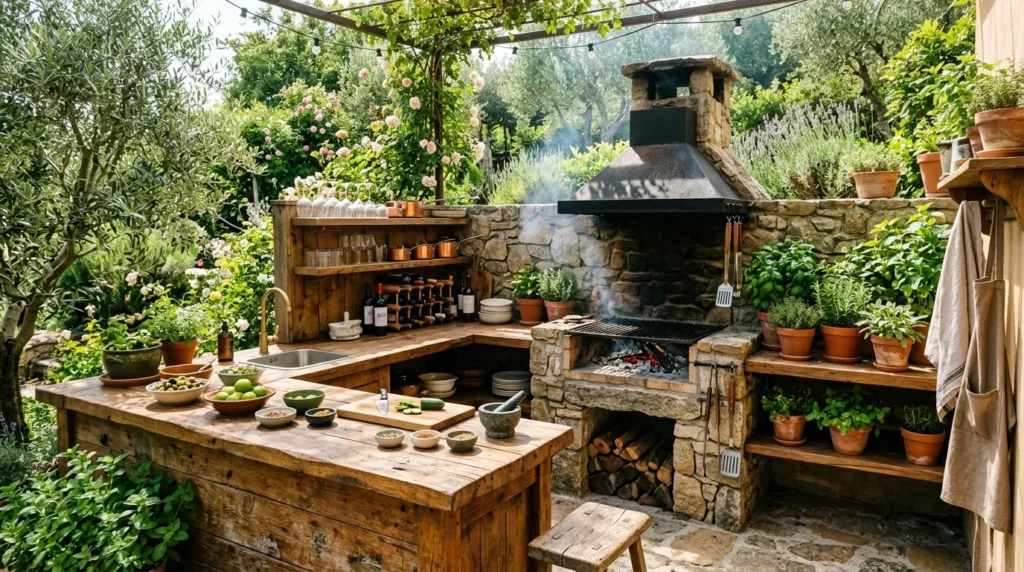 Cuisine d’été extérieure avec comptoir en bois, grill en pierre et herbes en pot.