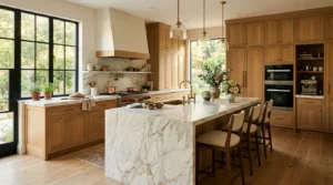 Cuisine haut de gamme avec îlot en marbre, meubles en bois, lumière chaude.