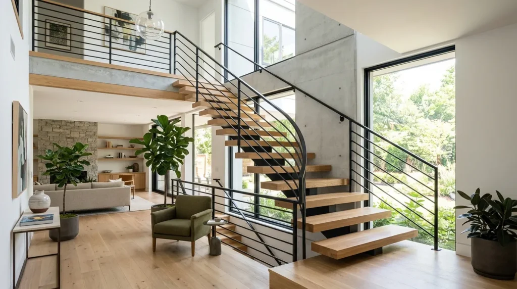 Escalier sur mesure moderne avec marches en bois, rampe métallique et lumière naturelle.
