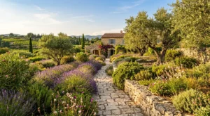 Jardin méditerranéen avec lavande, oliviers, allées en pierre et lumière dorée.