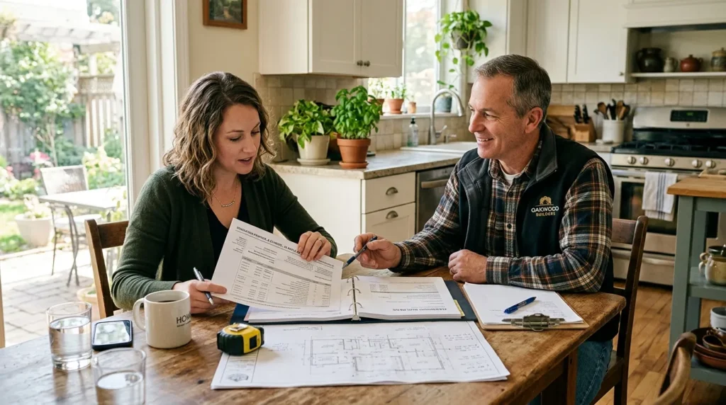 Propriétaire et artisan examinent un devis de rénovation à table, lumière naturelle.