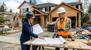 Architecte et entrepreneur discutant des plans de rénovation devant une maison en chantier.