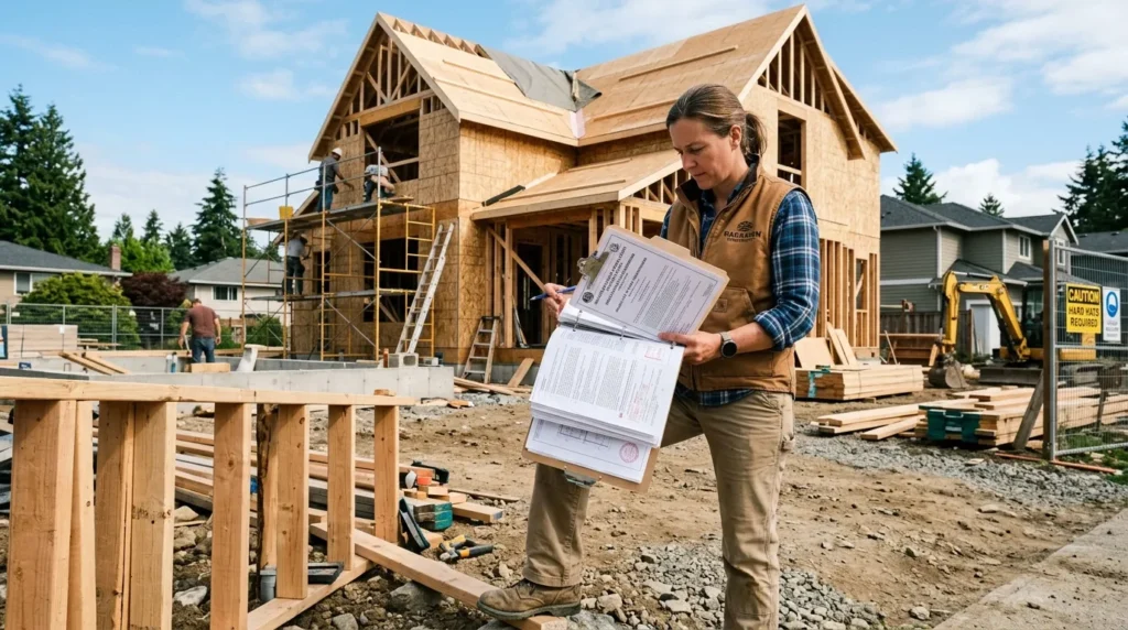Personne examinant un dossier de permis de construire près d'une maison en chantier.