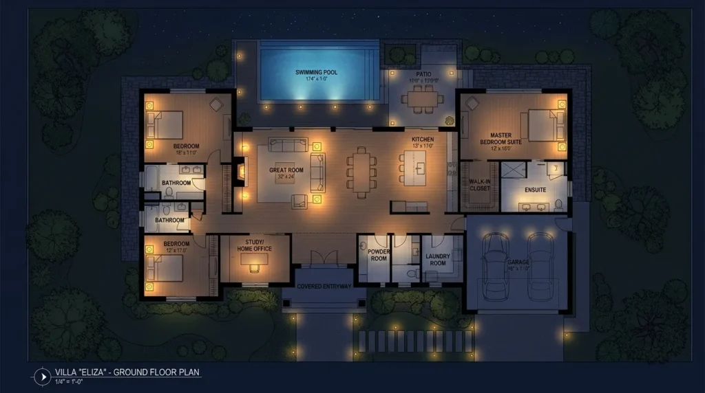 Plan architectural d’une villa vue d’en haut, pièces éclairées en rouge.
