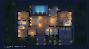 Plan architectural d’une villa vue d’en haut, pièces éclairées en rouge.
