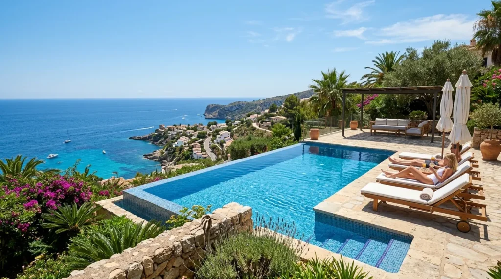 Piscine luxueuse de jardin dominant la Méditerranée, ambiance Côte d’Azur ensoleillée.