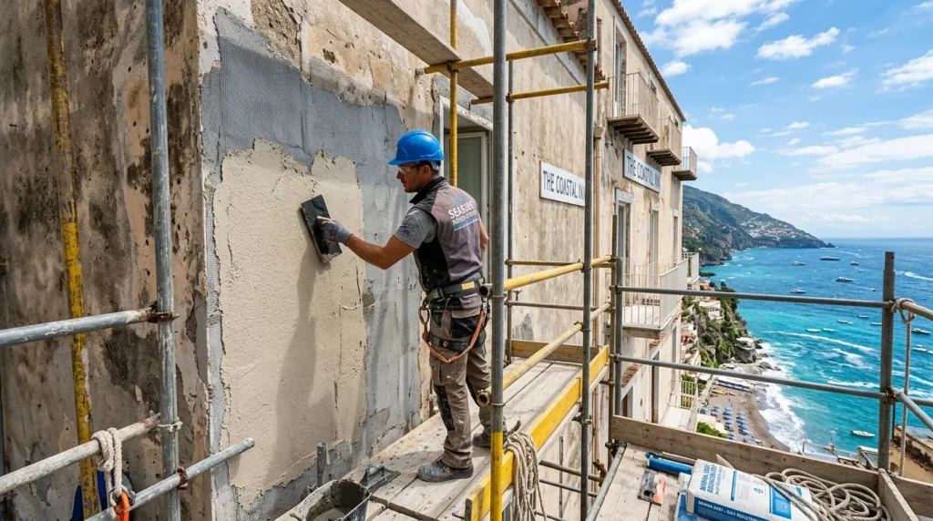 Ouvrier rénovant une façade côtière avec matériaux résistants, sous un ciel marin lumineux.