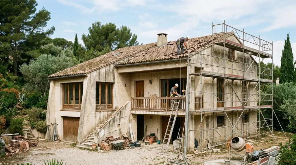 Villa des années 70, façade enduite vieillie, tuiles fissurées et échafaudage de rénovation.