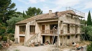 Villa des années 70, façade enduite vieillie, tuiles fissurées et échafaudage de rénovation.