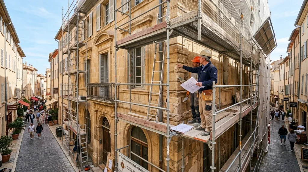 Façade historique de Saint-Tropez en rénovation, échafaudages et architecte français inspectant le chantier ABF.