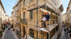 Façade historique de Saint-Tropez en rénovation, échafaudages et architecte français inspectant le chantier ABF.