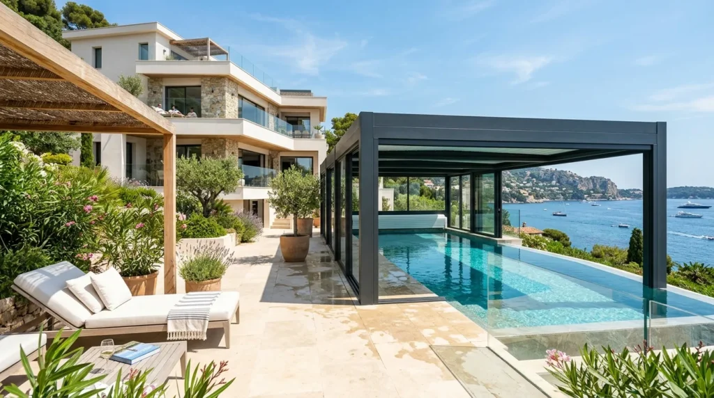 Villa de luxe sur la Côte d’Azur avec abri piscine design près de terrasse ensoleillée.
