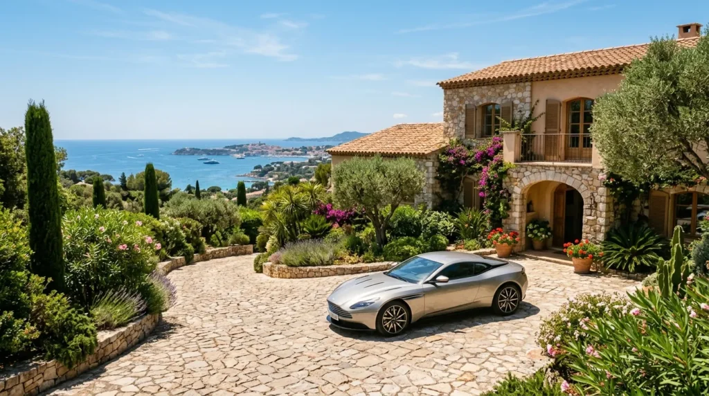 Allée en pierre d’une villa méditerranéenne, voiture élégante garée sous le soleil.