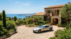 Allée en pierre d’une villa méditerranéenne, voiture élégante garée sous le soleil.