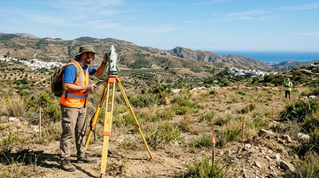 Géomètre inspectant un terrain vacant ensoleillé, avec collines méditerranéennes au loin.