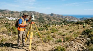 Géomètre inspectant un terrain vacant ensoleillé, avec collines méditerranéennes au loin.