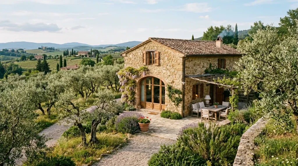 Ancienne grange en pierre rénovée en maison chaleureuse, entourée d’oliviers en Provence.