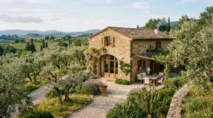 Ancienne grange en pierre rénovée en maison chaleureuse, entourée d’oliviers en Provence.
