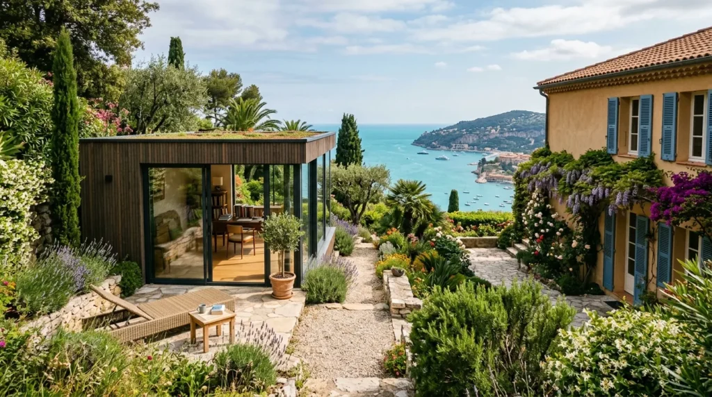 Studio de jardin moderne près d’une villa méditerranéenne, avec vue sur la Côte d’Azur.