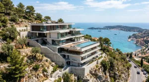 Villa moderne en terrasse sur une pente, avec fondations apparentes sur la Côte d’Azur.