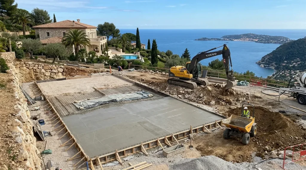 Chantier d’un court de tennis privé sur une villa, terrassement et dalle béton.