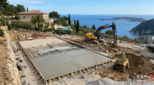 Chantier d’un court de tennis privé sur une villa, terrassement et dalle béton.