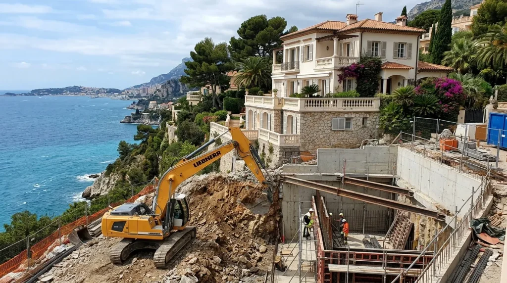 Pelle mécanique creusant sous une villa en bord de mer, cuvelage béton.