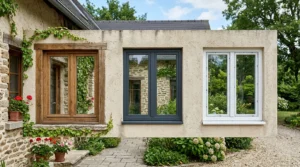 Trois fenêtres en alu, bois et PVC blanc sur une façade de maison.