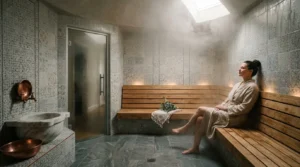 Hammam moderne à domicile, murs carrelés, banc en bois, vapeur douce, lumière naturelle.