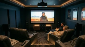 Salle de home cinéma chaleureuse avec projecteur, enceintes surround, fauteuils moelleux et lumière tamisée.