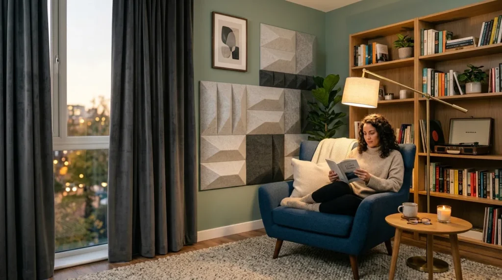 Salon d’appartement moderne avec rideaux épais, panneaux acoustiques et fauteuil de lecture.