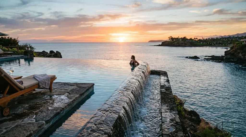 Piscine à débordement face à la mer calme, eau débordant au coucher.