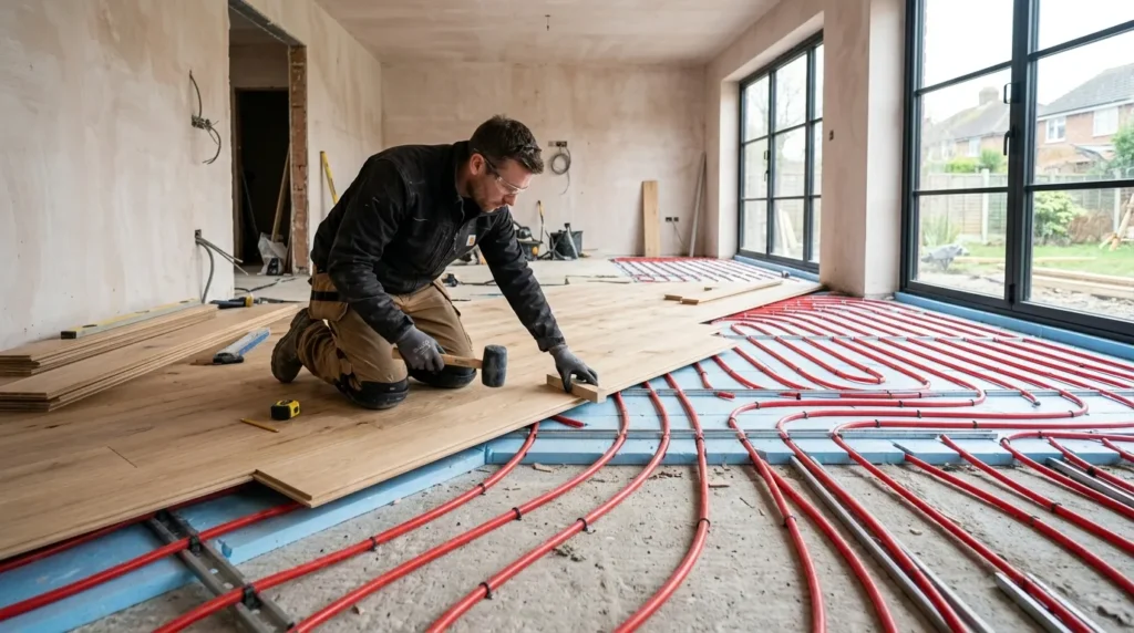 Rénovation moderne avec tuyaux de chauffage au sol apparents et poseur de panneaux.
