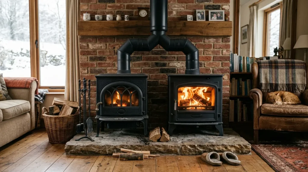 Deux poêles à bois côte à côte dans un salon chaleureux et cosy.