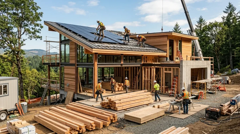 Chantier de maison moderne avec ouvriers, panneaux solaires et bois, lumière naturelle.