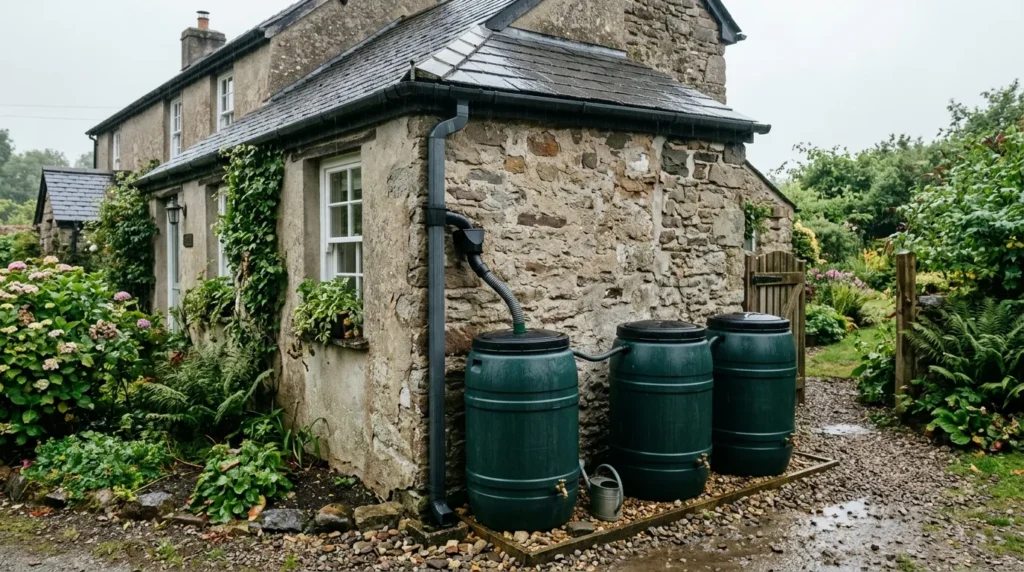 Barils de récupération d’eau de pluie près d’une maison, avec gouttières sous ciel couvert.