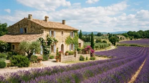Mas provençal en pierre, toit en tuiles, champs de lavande sous le soleil.