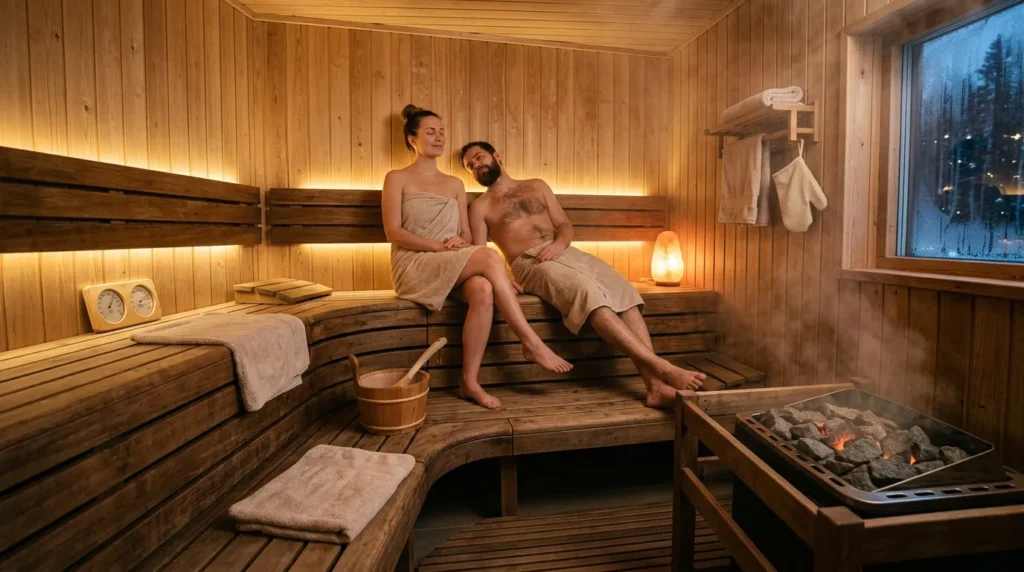 Sauna intérieur chaleureux avec bancs en bois, vapeur douce et éclairage ambiant.