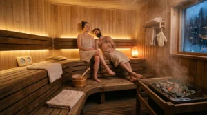 Sauna intérieur chaleureux avec bancs en bois, vapeur douce et éclairage ambiant.