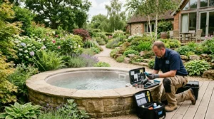 Jacuzzi extérieur dans un jardin paysager, technicien en train de l’entretenir.
