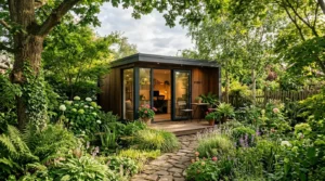 Studio de jardin moderne dans un jardin, entouré de verdure, style photo naturelle.