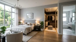 Chambre parentale moderne avec dressing ouvert et salle d’eau attenante lumineuse.