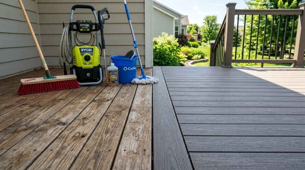 Terrasse bois et composite en vue partagée, avec outils de nettoyage au soleil