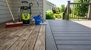 Terrasse bois et composite en vue partagée, avec outils de nettoyage au soleil