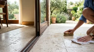 Carreaux de travertin intérieur-extérieur, main nettoyant une surface en lumière naturelle.