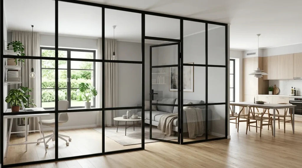 Verrière intérieure noire, séparant une pièce moderne baignée de lumière naturelle.