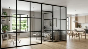 Verrière intérieure noire, séparant une pièce moderne baignée de lumière naturelle.
