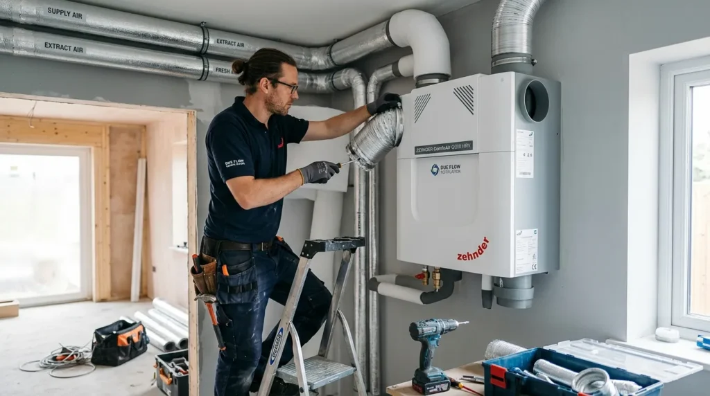 Technicien installant une VMC double flux dans une maison moderne lumineuse.