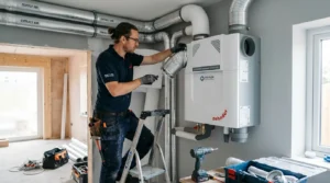 Technicien installant une VMC double flux dans une maison moderne lumineuse.